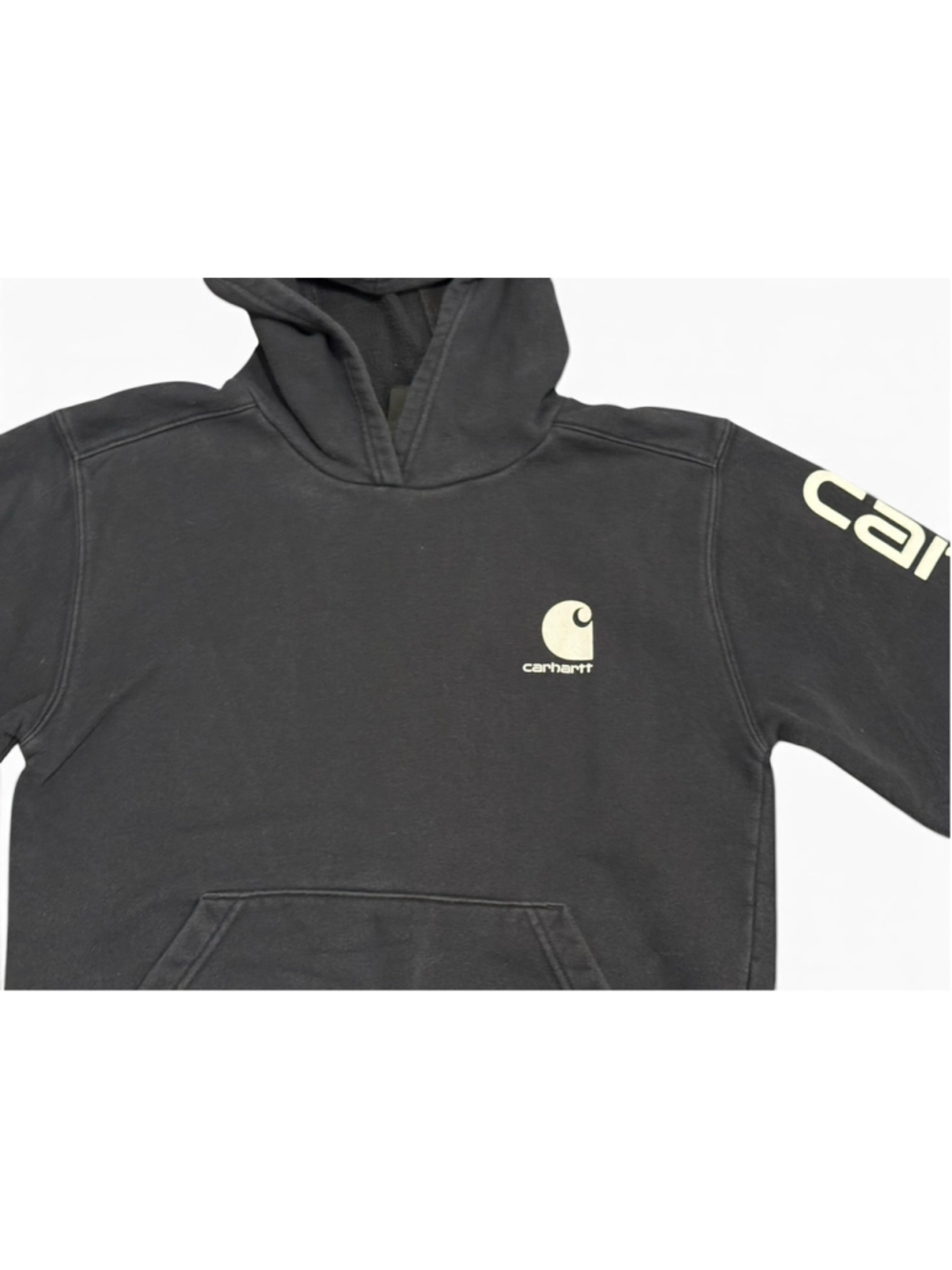 Carhartt Youth Black Pullover Hoodie Spellout Sleeve Logo Sweatshirt Sz L 14-16 - Picture 5 of 7
